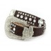 Belt - Rhinestone Split Leather Belt - Ostrich Embossed w/ Cross Charms - Coffee Color - BLT-CRS150TNCOF