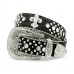 Belt - Rhinestone Split Leather Belt - Ostrich Embossed w/ Fleur De Lis Charms - Black Color - BLT-FDL152TNBK
