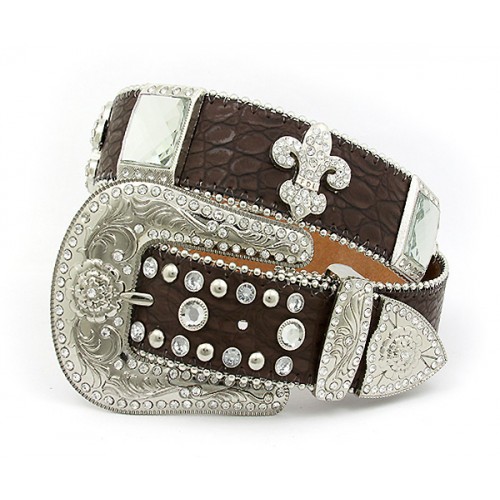 Belt - Rhinestone Split Leather Belt - Croc Embossed w/ Fleur De Lis Charms - Coffee Color - BLT-FDL154CBCOF