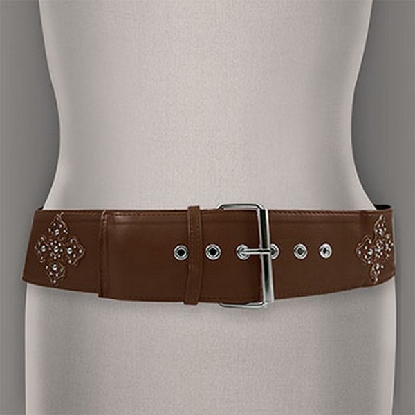 Belt - Soft Leather-Like w/ Studded Patched Flower - Brown - BLT-BE161BN-ML