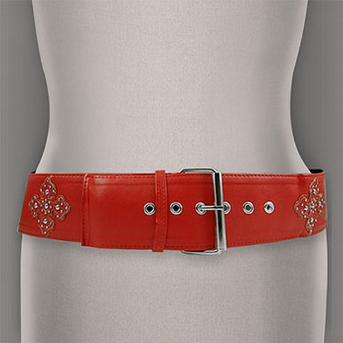 Belt - Soft Leather-Like w/ Studded Patched Flower - Red - BLT-BE161RD-SM
