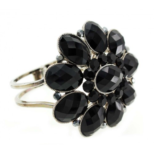 Swarovski Crystal Hinge Bangle - Flower - Rhodium Plating - Jet - BR-B9008JET 