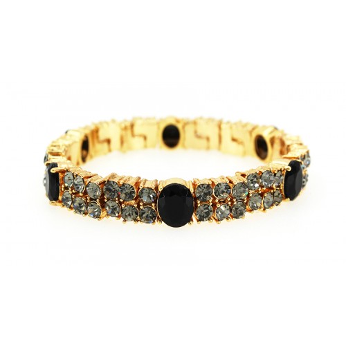 Rhinestone Stretch Bracelet - Double Line Gold Tone - Black - BR-CQB0831B