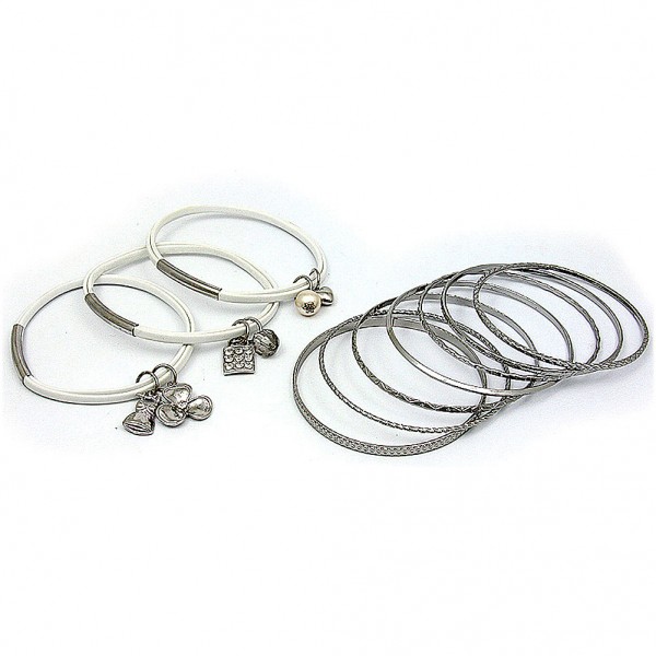 Charm Bracelets + Metal Bangles Set - BR-HB003B-WH