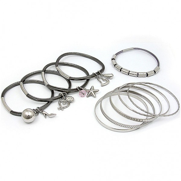 Charm Bracelets + Metal Bangles Set - BR-HB007B-BD