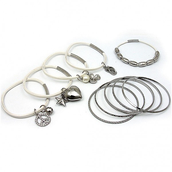 Charm Bracelets + Metal Bangles Set - BR-HB032B-WH