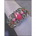 Antique Silver Look Bangle Bracelets w/ Center Glittery Oval Stone - BR-KH10602