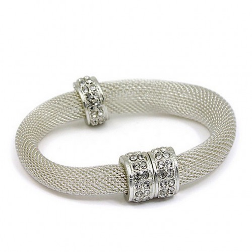 Mesh Strap Bracelets w/ Rhinestone Rings - Silver - BR-MCB150-3SP
