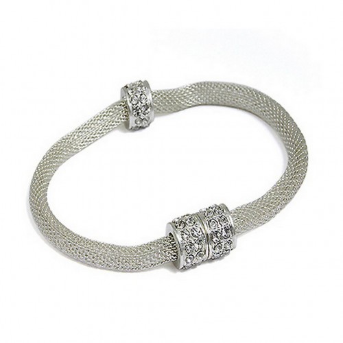 Mesh Strap Bracelets w/ Rhinestone Rings - Silver - BR-MCB150-5SV