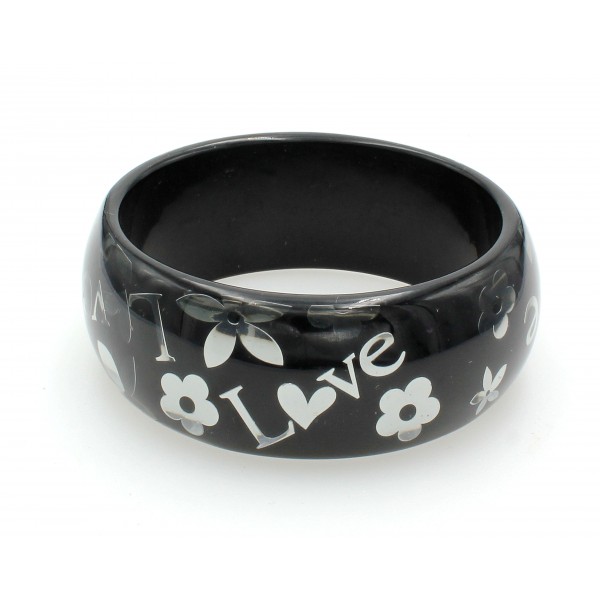 Acrylic Bangle w/ Loves & Flowers Bracelets - Black Color - BR-OB00182BLK