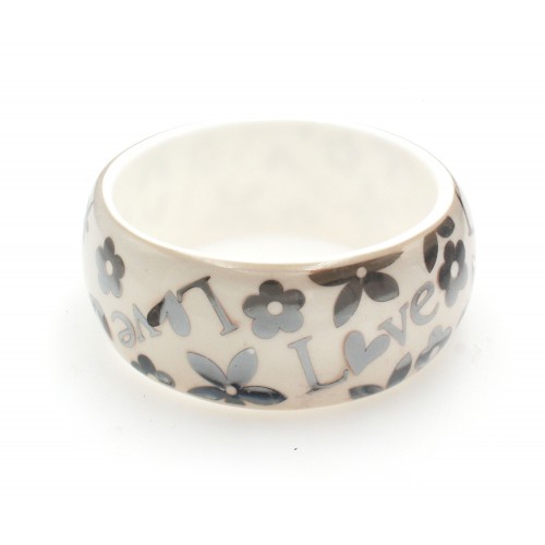 Acrylic Bangle w/ Loves & Flowers Bracelets - White Color - BR-OB00182WHT