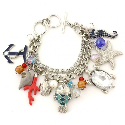 Charm Bracelet - Sea Animal Charms - Multiple Chains w/ Toggle Closure - BR-OB02054RDMUL