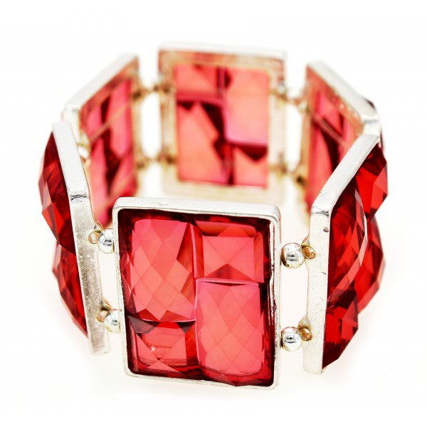 Acrylic Pyramid Square Beaded Stretchable Bracelet - Fuchsia - BR-ACQB2046D