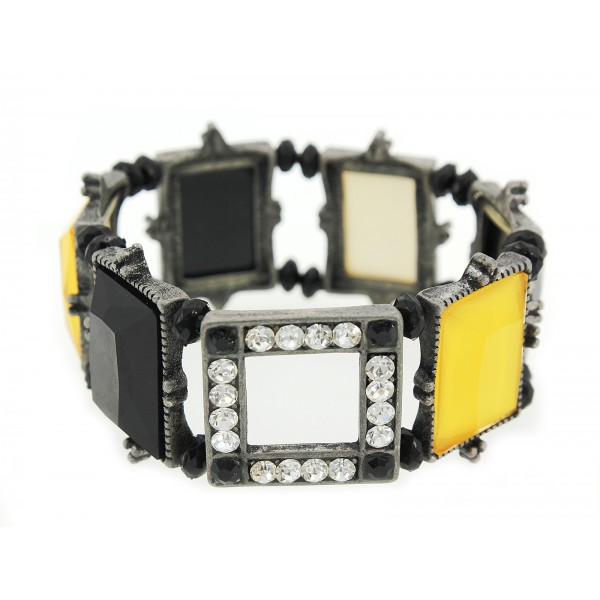 Antique Brass Tone Frame Link Faux Stone Stretchable Bracelet - Black & White - BR-ACQB2041A