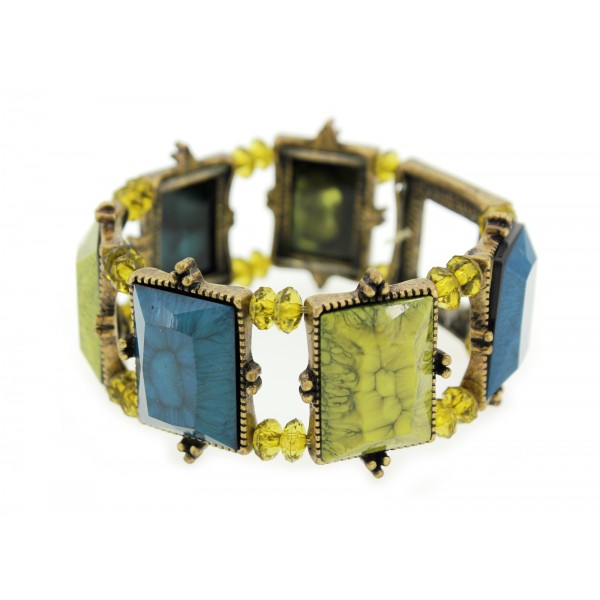 Antique Brass Tone Frame Link Faux Stone Stretchable Bracelet - Olive & Blue - BR-ACQB2041F