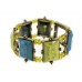 Antique Brass Tone Frame Link Faux Stone Stretchable Bracelet - Olive & Blue - BR-ACQB2041F