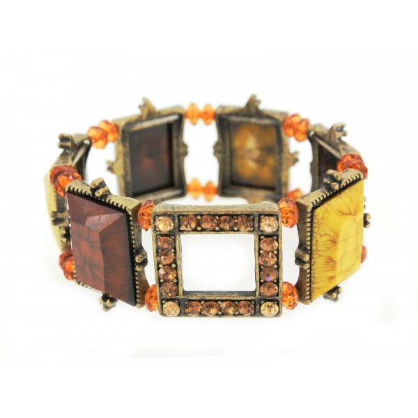 Antique Brass Tone Frame Link Faux Stone Stretchable Bracelet - Mustard & Topaz - BR-ACQB2041G