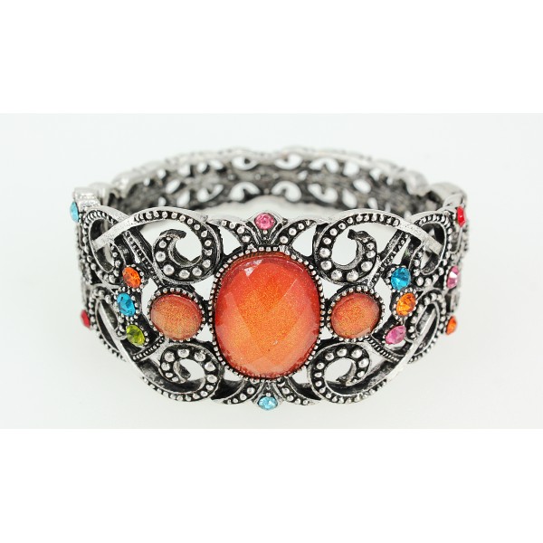 Antique Silver Look Bangle Bracelets w/ Center Glittery Oval Stone - BR-KH10602