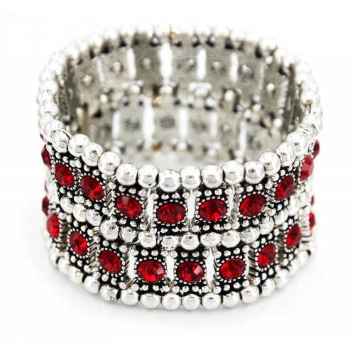 Stretchable Rhinestone Bracelets - Double-Row w/ Bali Beads - Red - BR-KH11255RD