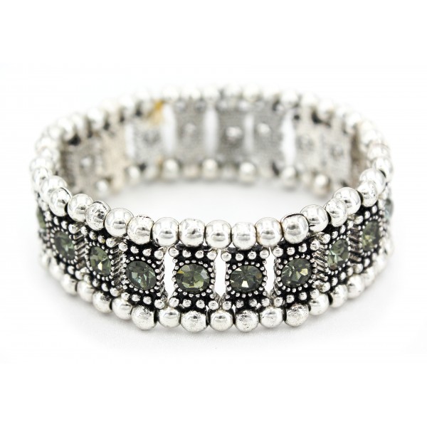 Stretchable Rhinestone Bracelets - Single Row w/ Bali Beads - Grey - BR-KH11362GY