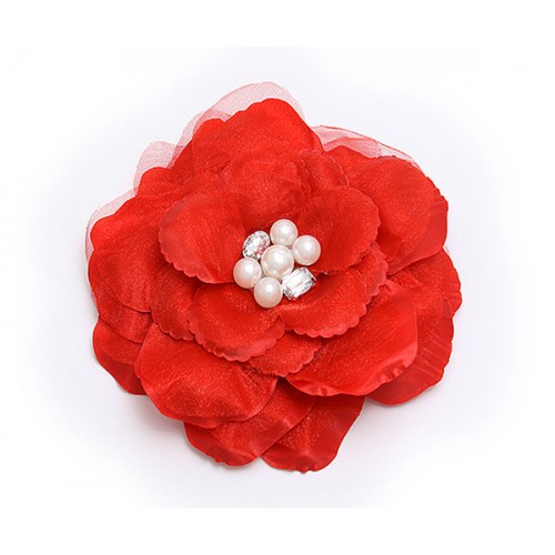 Brooch – Silk Flower w/ Faux Pearl Beads - Red - BC-ABO25113R