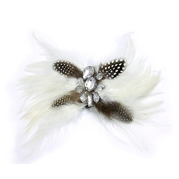 Brooch – Feather w/ Clear Beads - White - BC-ABO25114W
