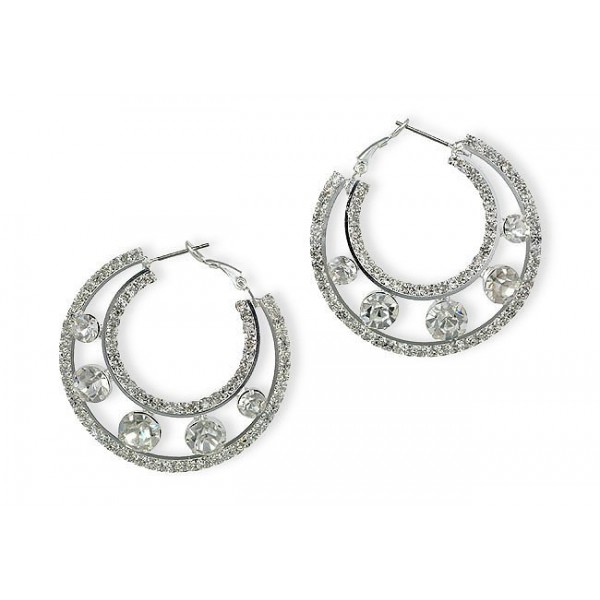 Rhinestone Post Hoops Earrings - Double Circles - ER-21557S-S