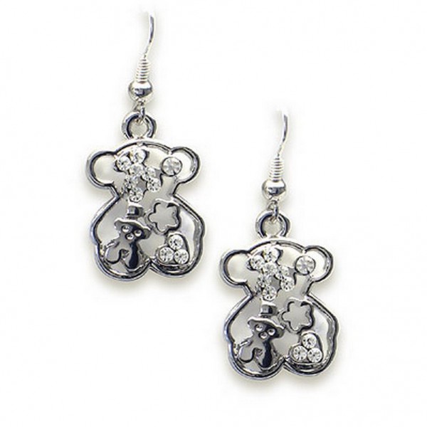 T-Bear Charm w/ Crystals Earrings - Rhodium Plating - Clear - ER-E2498CL
