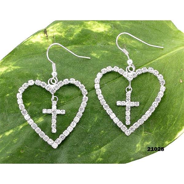 Dangling Rhinestones Heart w/ Cross Earrings - Clear - ER-21028