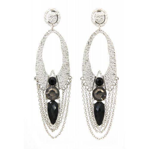 Hand Hammered Foil Look Earrings - Oval Loop w/ Black Rhinestones - ER-OE0152RD-BKD