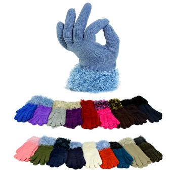 12-pair Solid Color Knitted Gloves w/ Fur-Like Trim Cuff Gloves - GL-G2140