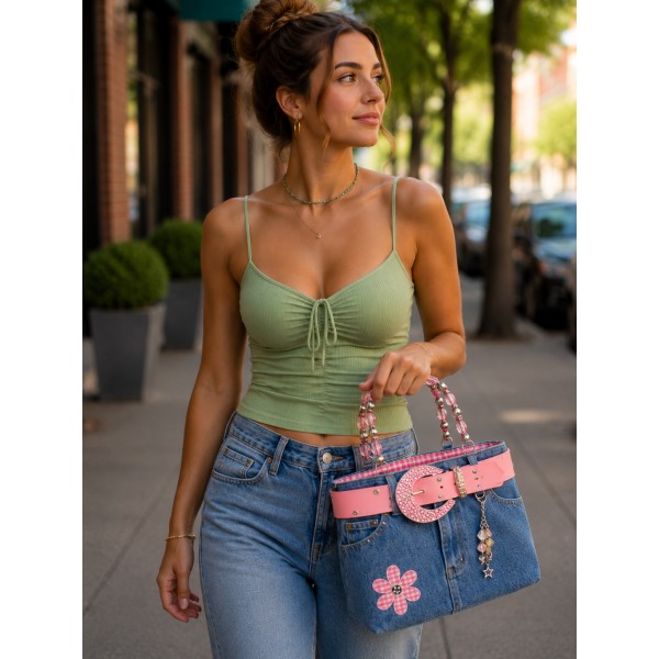 Denim Jean Purse w/ Belt & Key Chain/Flower - Pink - BG-ABJ13MPK (BG-BJ113MPK)