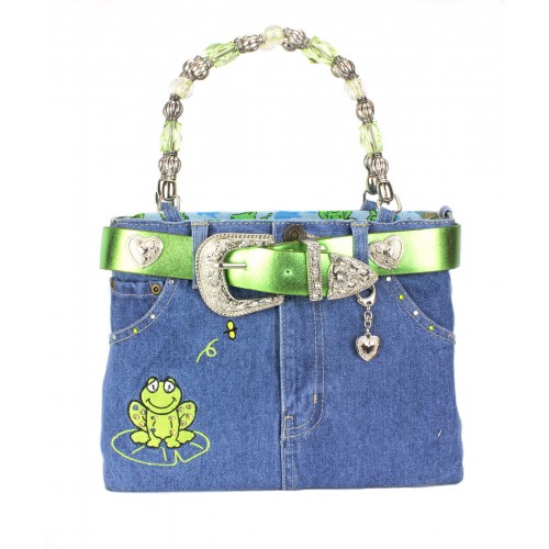 Denim Jean Purse W/ Belt & Key Chain/Frog - BG-BJ114M -GN