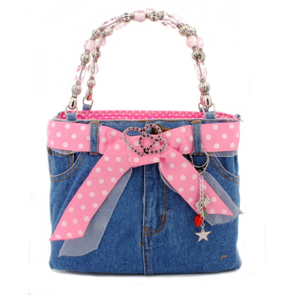 Denim Jean Purse w/ Polka Dots Ribbon -  BG-BJ117MPK