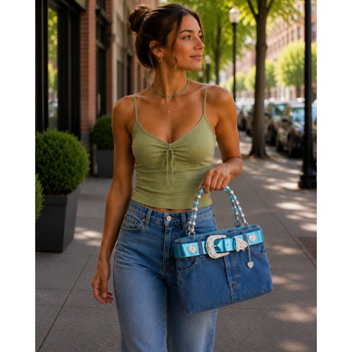 Denim Jean Purse w/ Belt Buckle - Turquoise - BG-BJ119MTQ