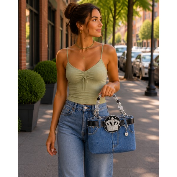 Denim Jean Purse w/ Rhinestone Crown Charm Belt - BG-BJ142MBK