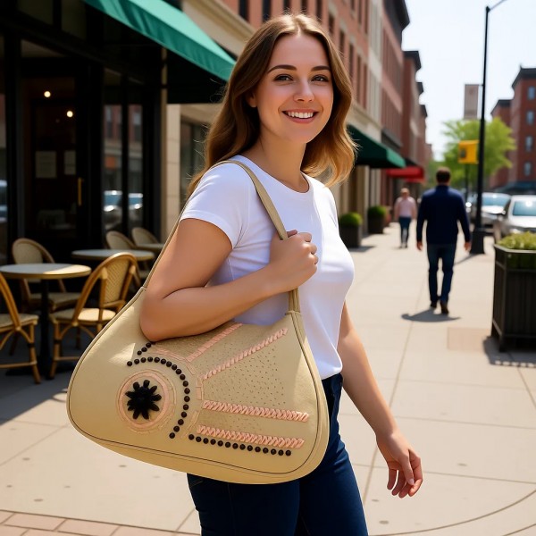 Large Tote Dural Handles W/ Floral wood beads - BG-USB085AP-2
