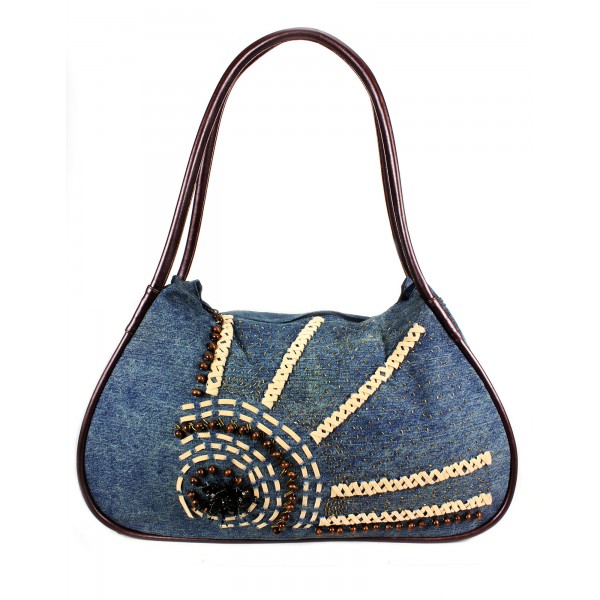 Large Denim Tote Dural Handles W/ Floral Wood Beads - BG-USB085BL-1