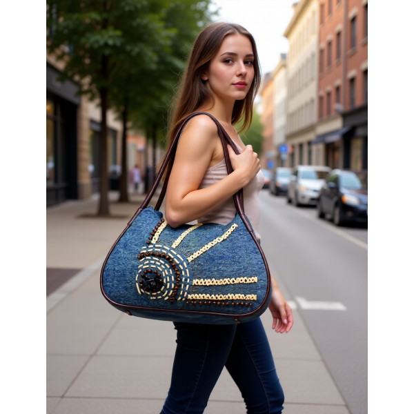 Large Denim Tote Dural Handles W/ Floral Wood Beads - BG-USB085BL-1