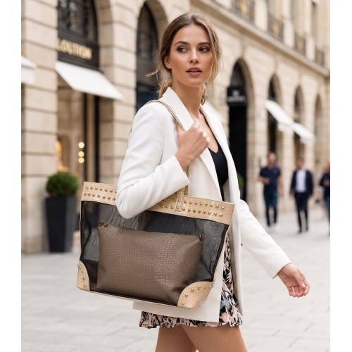 Mesh 2-in-1 Totes w/ Metal Studded Croc Embossed PU Trim - Beige - BG-100845BEI