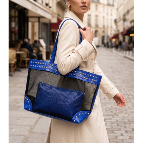 Mesh 2-in-1 Totes w/ Metal Studded Croc Embossed PU Trim - Blue - BG-100845BL