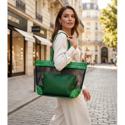 Mesh 2-in-1 Totes w/ Metal Studded Croc Embossed PU Trim - Green - BG-100845GR