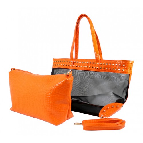 Mesh 2-in-1 Totes w/ Metal Studded Croc Embossed PU Trim - Orange - BG-100845OR