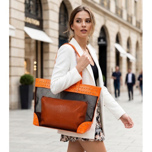 Mesh 2-in-1 Totes w/ Metal Studded Croc Embossed PU Trim - Orange - BG-100845OR