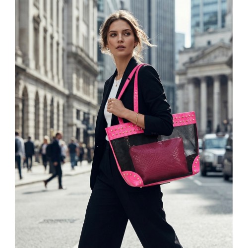 Mesh 2-in-1 Totes w/ Metal Studded Croc Embossed PU Trim - Pink - BG-100845PN