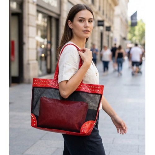 Mesh 2-in-1 Totes w/ Metal Studded Croc Embossed PU Trim - Red - BG-100845R