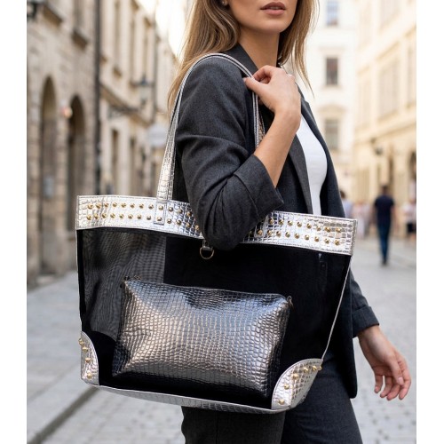 Mesh 2-in-1 Totes w/ Metal Studded Croc Embossed PU Trim - Silver - BG-100845S