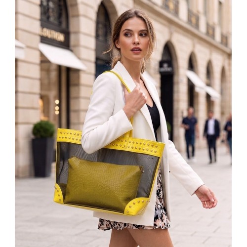 Mesh 2-in-1 Totes w/ Metal Studded Croc Embossed PU Trim - Yellow - BG-100845YL