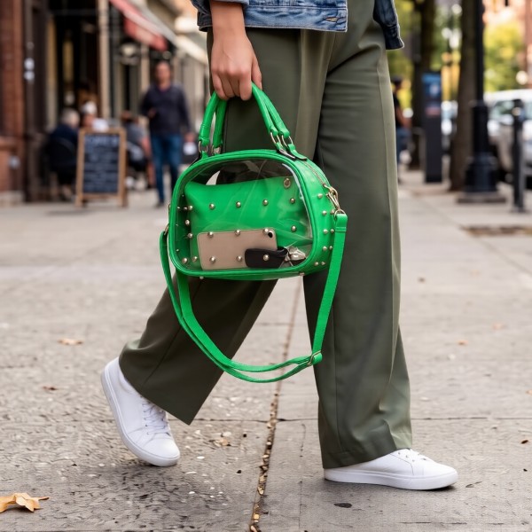 Clear PVC 2-in-1 Satchel w/ Metal Studded Leather-like PU Trim - Green -BG-100856GR