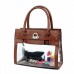 Clear PVC Tote -  PU Leather Trim Accent w/ Fold Down Lock - Brown - BG-C010BN